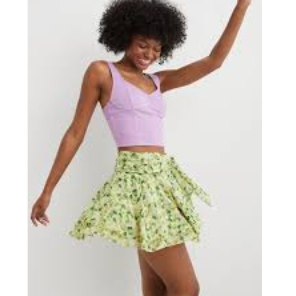 Aerie Womens XS Wrap Skirt Green Floral Chiffon Ruffle Mini Flirty Y2K